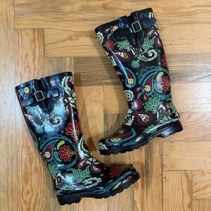 Nomad Whimsical Paisley Black Waterproof Rubber Rainboot Women Size 5